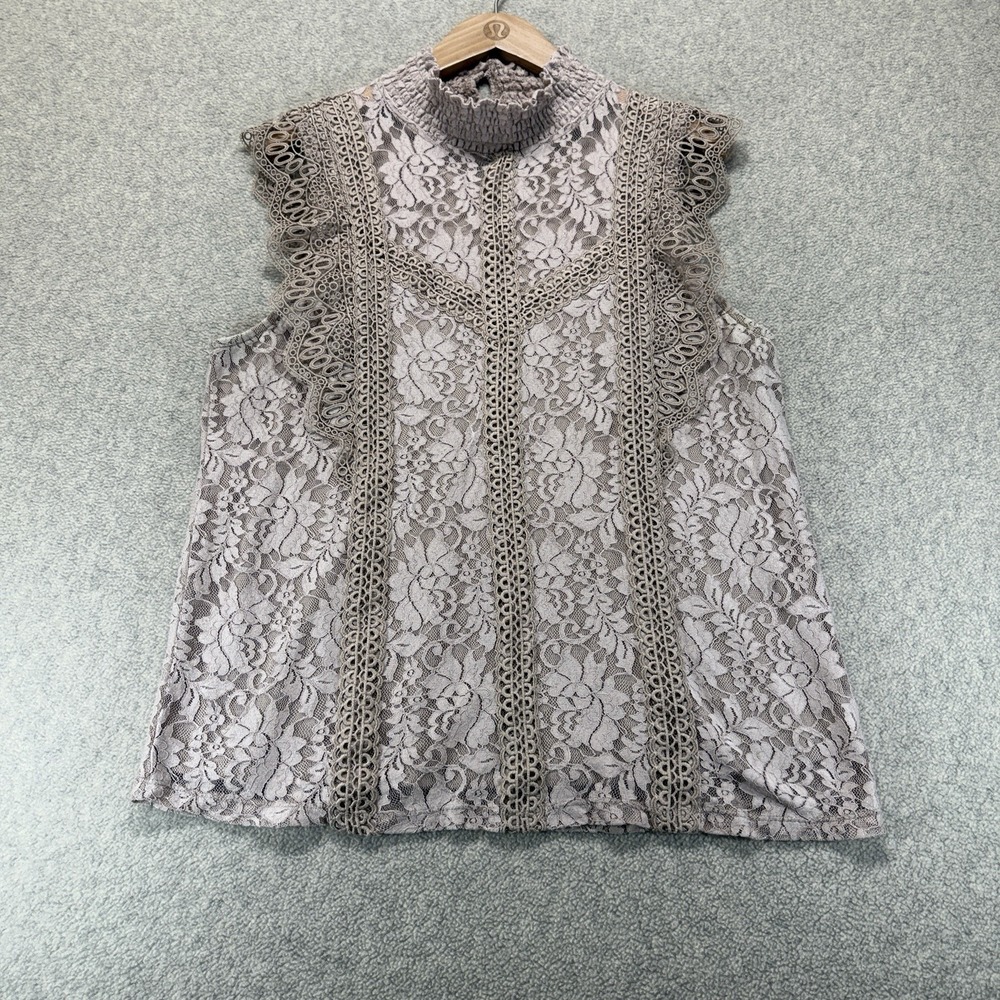 Cable & Gauge Women's XL Taupe Lace Mock Neck Ruffle Sleeveless Blouse